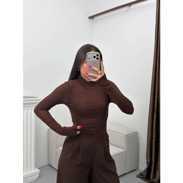 Boğazlı Transparan Bluz - KAHVE