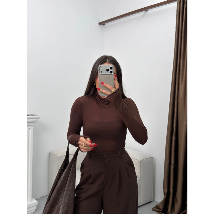 Boğazlı Transparan Bluz - KAHVE
