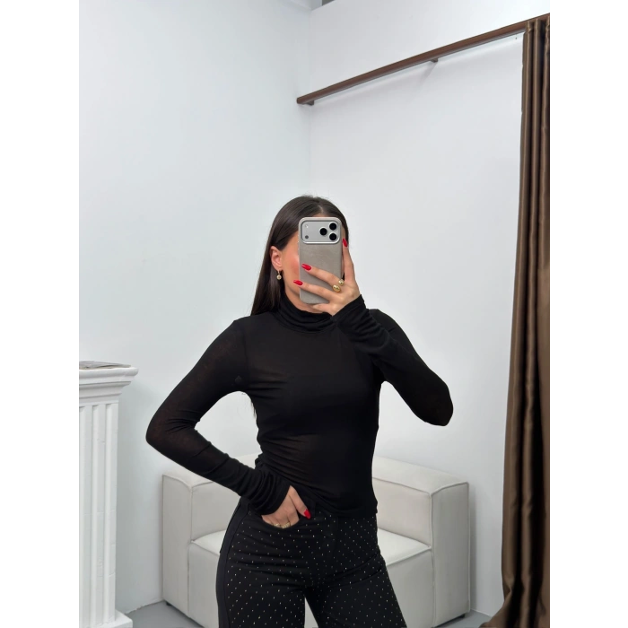 Boğazlı Transparan Bluz - SİYAH