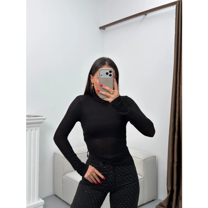 Boğazlı Transparan Bluz - SİYAH