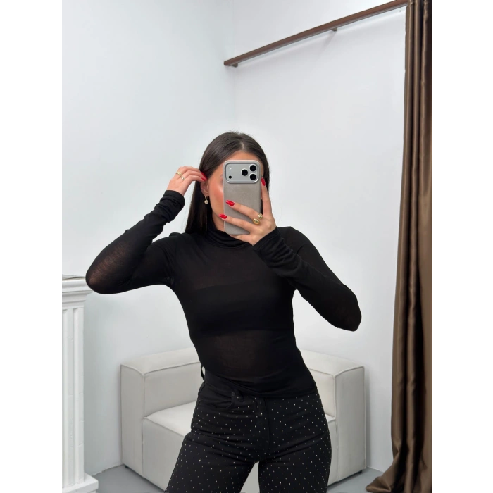 Boğazlı Transparan Bluz - SİYAH