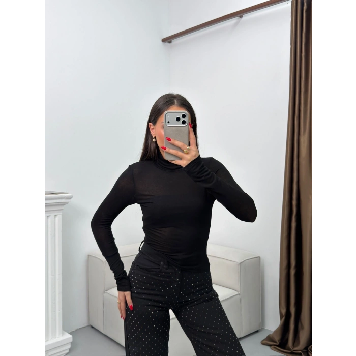 Boğazlı Transparan Bluz - SİYAH