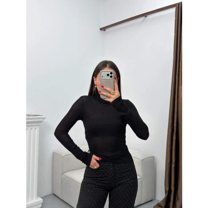 Boğazlı Transparan Bluz - SİYAH