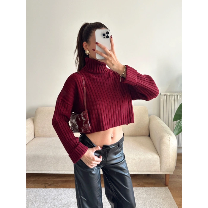 Boğazlı Triko Kazak - BORDO