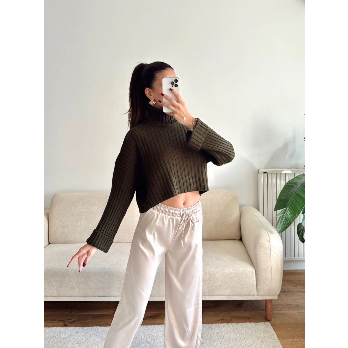 Boğazlı Triko Kazak - HAKİ