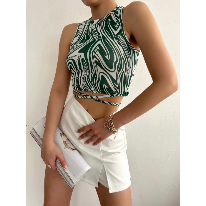 Boya Desen Bel Bağlamalı Crop
