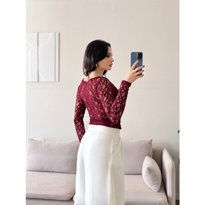 Boyun Aksesuar Dantel Bluz - BORDO