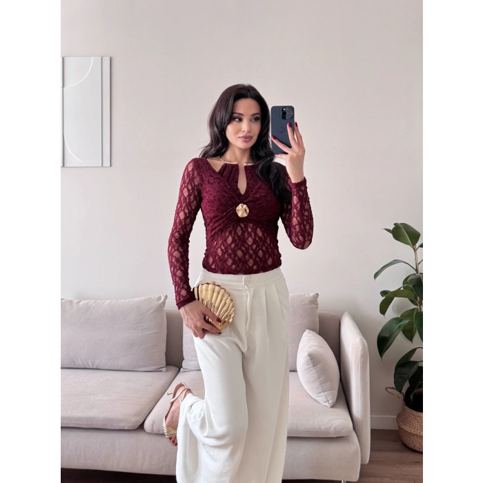 Boyun Aksesuar Dantel Bluz - BORDO
