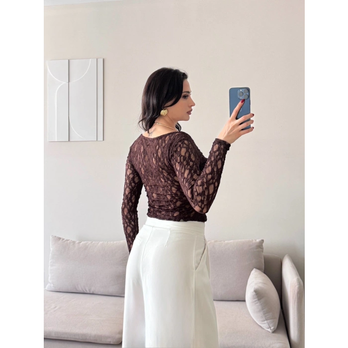 Boyun Aksesuar Dantel Bluz - KAHVE