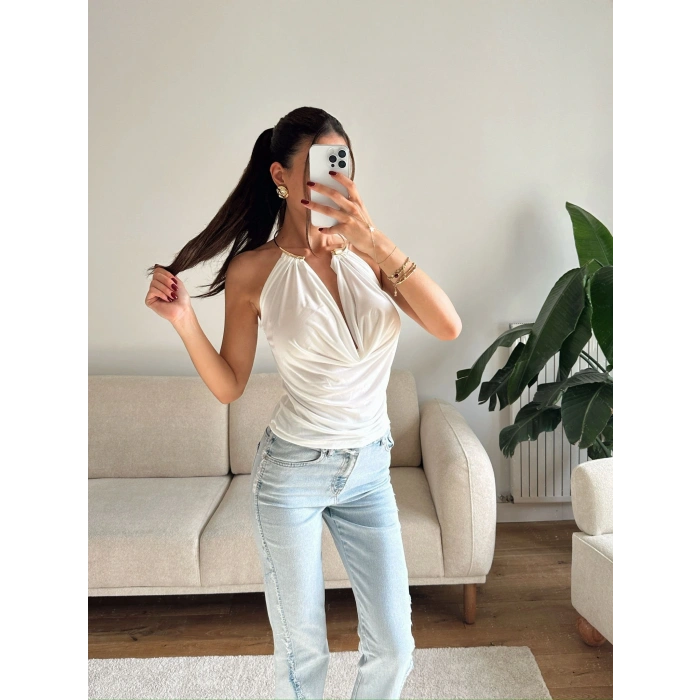Boyun Aksesuar Degaje Bluz - BEYAZ