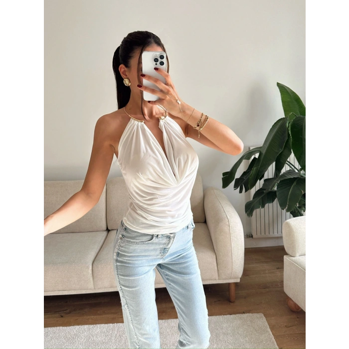 Boyun Aksesuar Degaje Bluz - BEYAZ