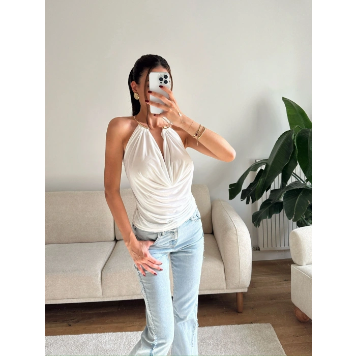 Boyun Aksesuar Degaje Bluz - BEYAZ