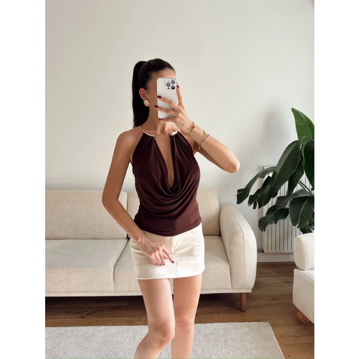 Boyun Aksesuar Degaje Bluz - KAHVE