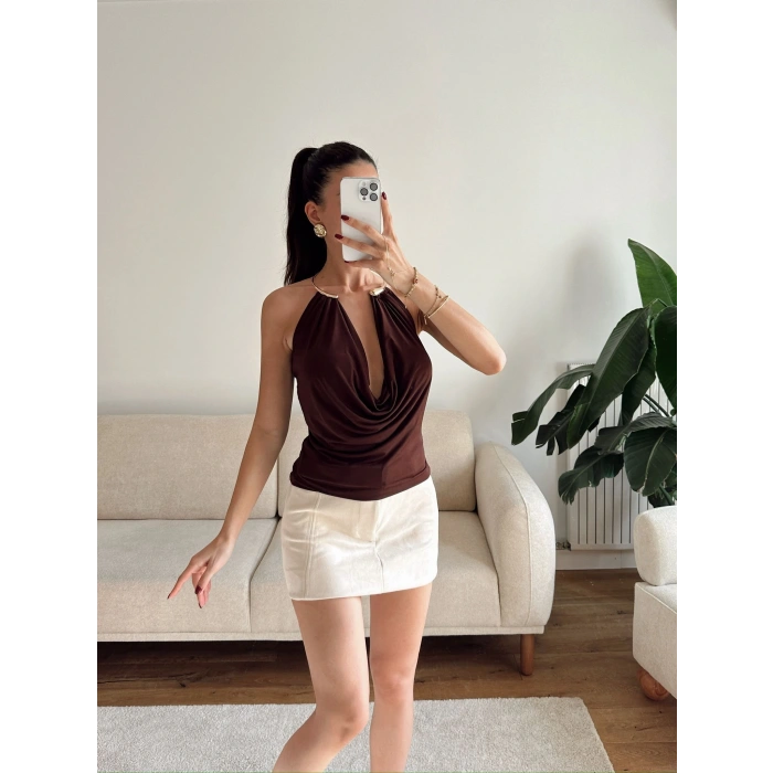 Boyun Aksesuar Degaje Bluz - KAHVE