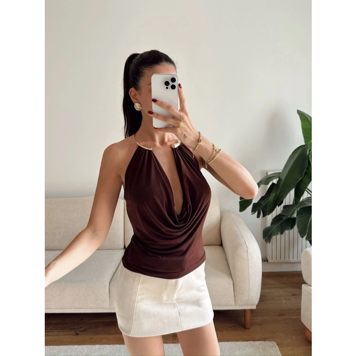 Boyun Aksesuar Degaje Bluz - KAHVE