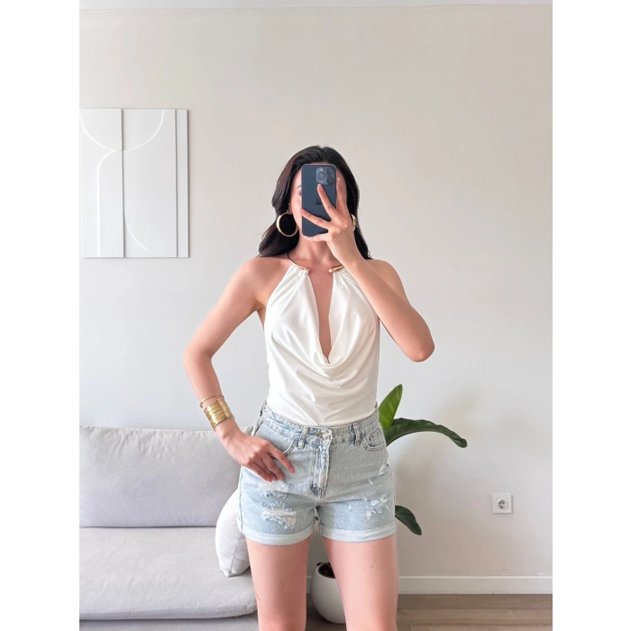 Boyun Aksesuar Degaje Bodysuit - BEYAZ
