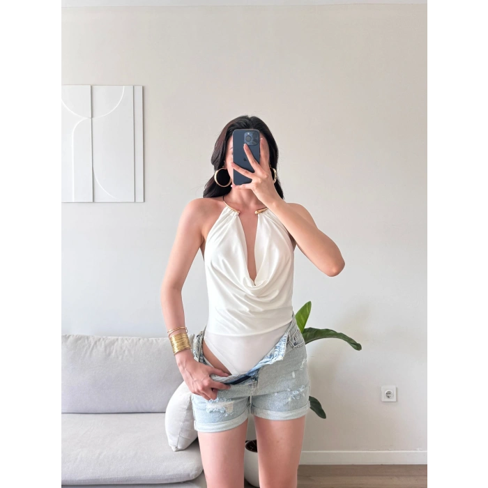 Boyun Aksesuar Degaje Bodysuit - BEYAZ