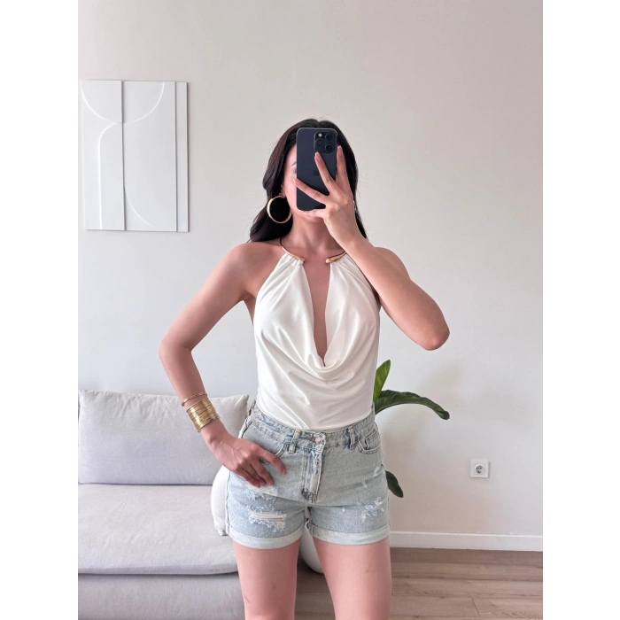 Boyun Aksesuar Degaje Bodysuit - BEYAZ