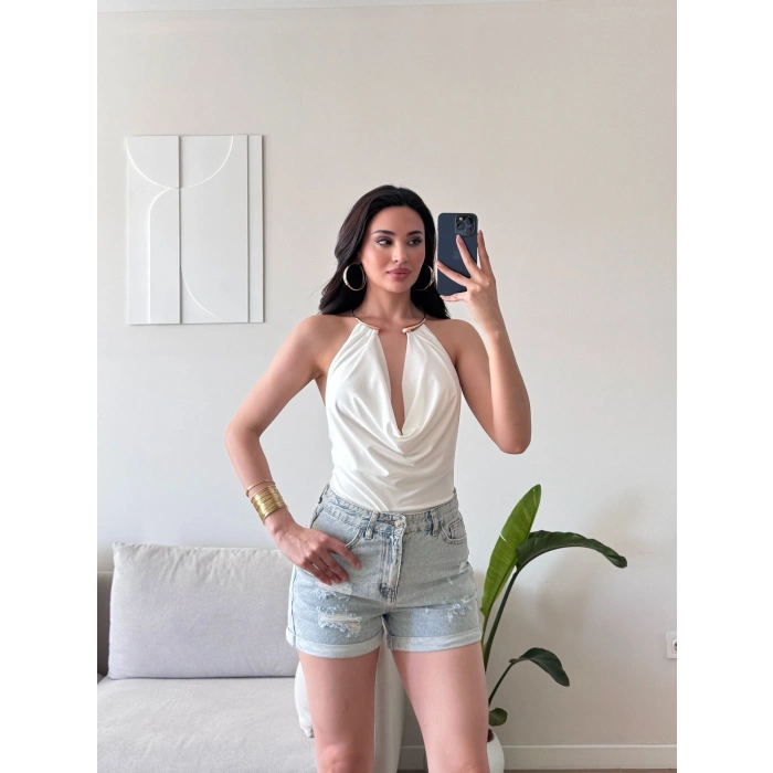 Boyun Aksesuar Degaje Bodysuit - BEYAZ