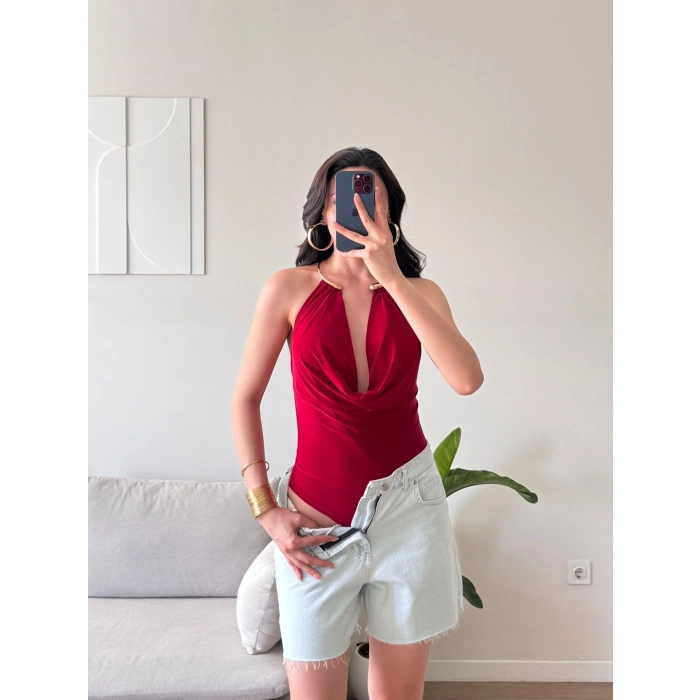 Boyun Aksesuar Degaje Bodysuit - KIRMIZI