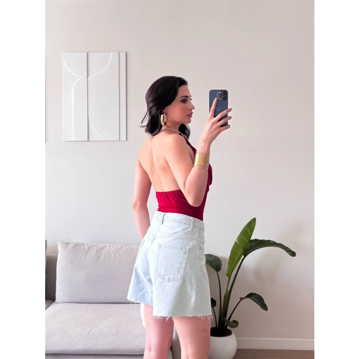 Boyun Aksesuar Degaje Bodysuit - KIRMIZI