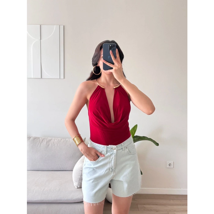 Boyun Aksesuar Degaje Bodysuit - KIRMIZI