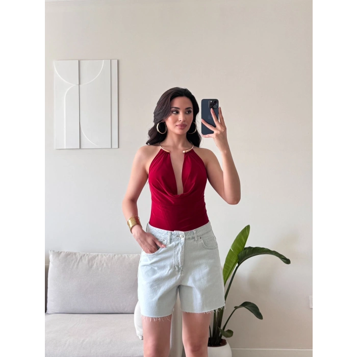 Boyun Aksesuar Degaje Bodysuit - KIRMIZI