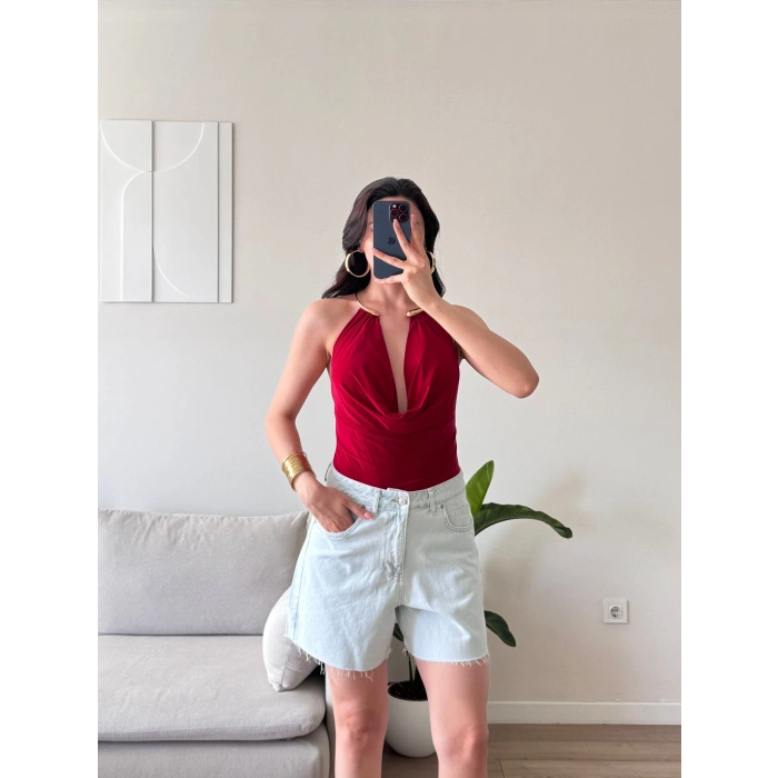 Boyun Aksesuar Degaje Bodysuit - KIRMIZI