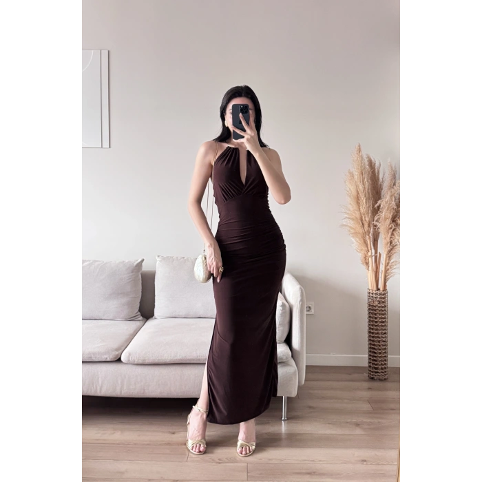 Boyun Aksesuar Degaje Elbise - KAHVE