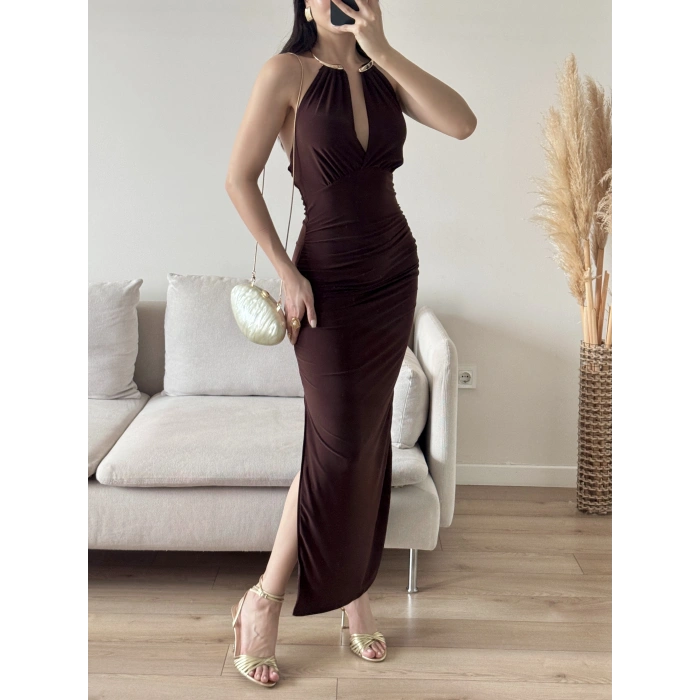 Boyun Aksesuar Degaje Elbise - KAHVE