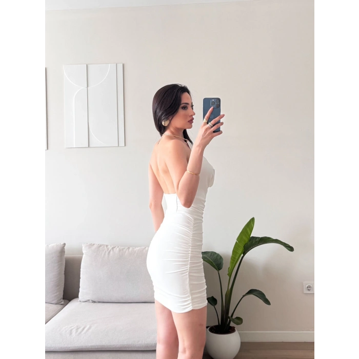 Boyun Aksesuar Degaje Mini Elbise - BEYAZ
