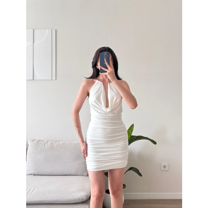 Boyun Aksesuar Degaje Mini Elbise - BEYAZ