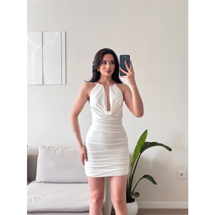 Boyun Aksesuar Degaje Mini Elbise - BEYAZ