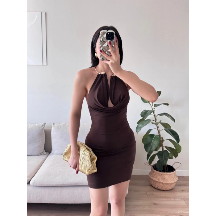 Boyun Aksesuar Degaje Mini Elbise - KAHVE