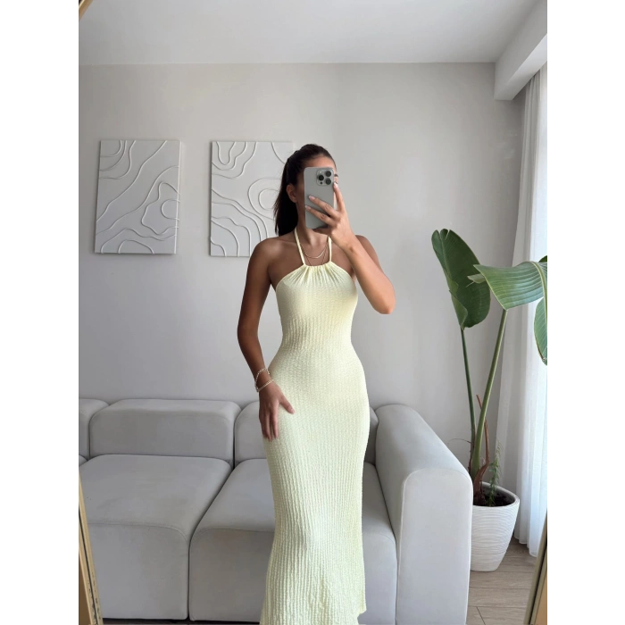 Boyun Askılı Arka Yırtmaç Elbise - SARI