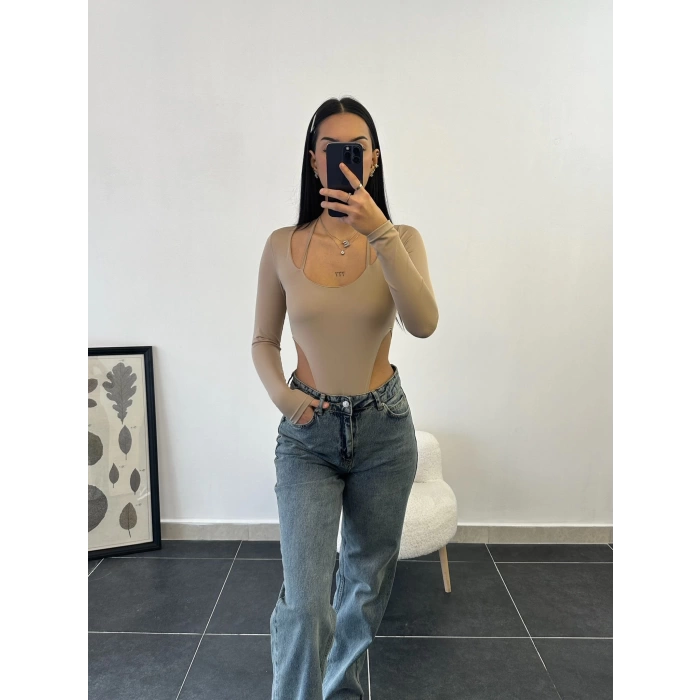 Boyun Askılı Bel Dekolte Bodysuit-BEJ