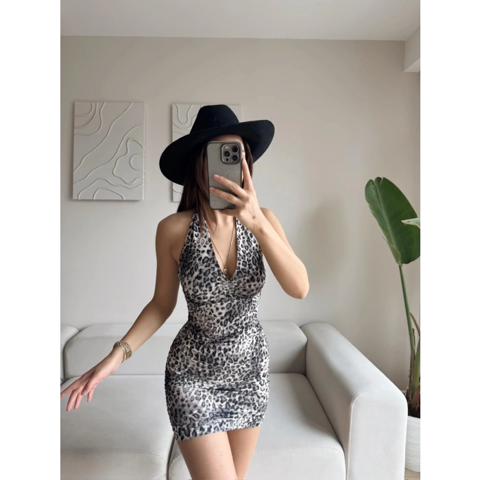 Boyun Bağlamalı Büzgülü Elbise - LEOPAR