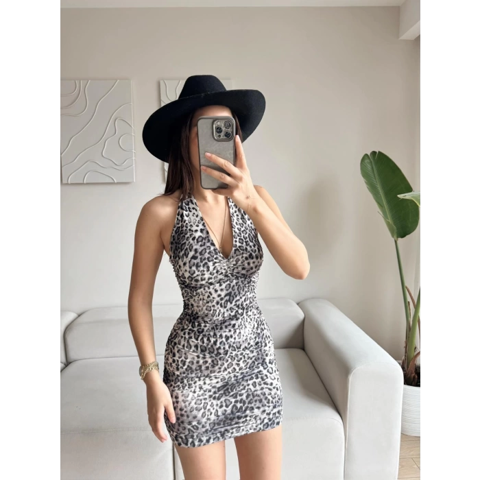 Boyun Bağlamalı Büzgülü Elbise - LEOPAR