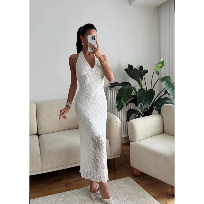 Boyun Bağlamalı Dantel Elbise - BEYAZ