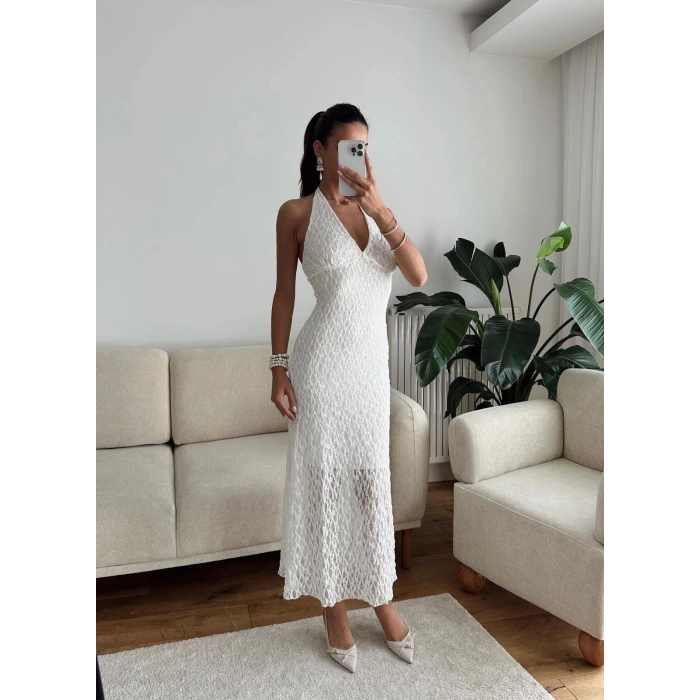 Boyun Bağlamalı Dantel Elbise - BEYAZ