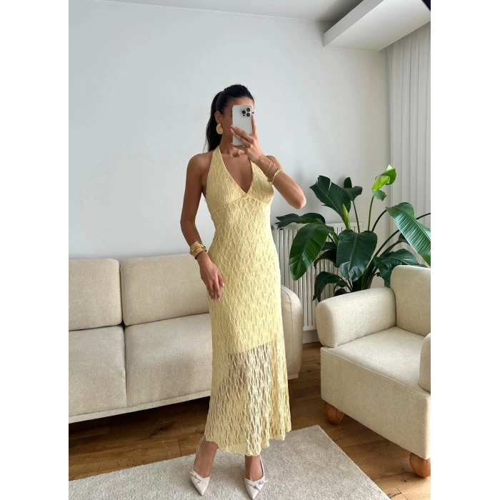 Boyun Bağlamalı Dantel Elbise - SARI