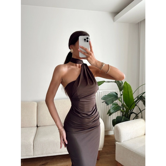 Boyun Bağlamalı Drapeli Elbise - KAHVE