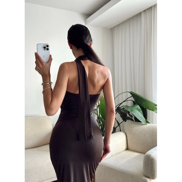 Boyun Bağlamalı Drapeli Elbise - KAHVE