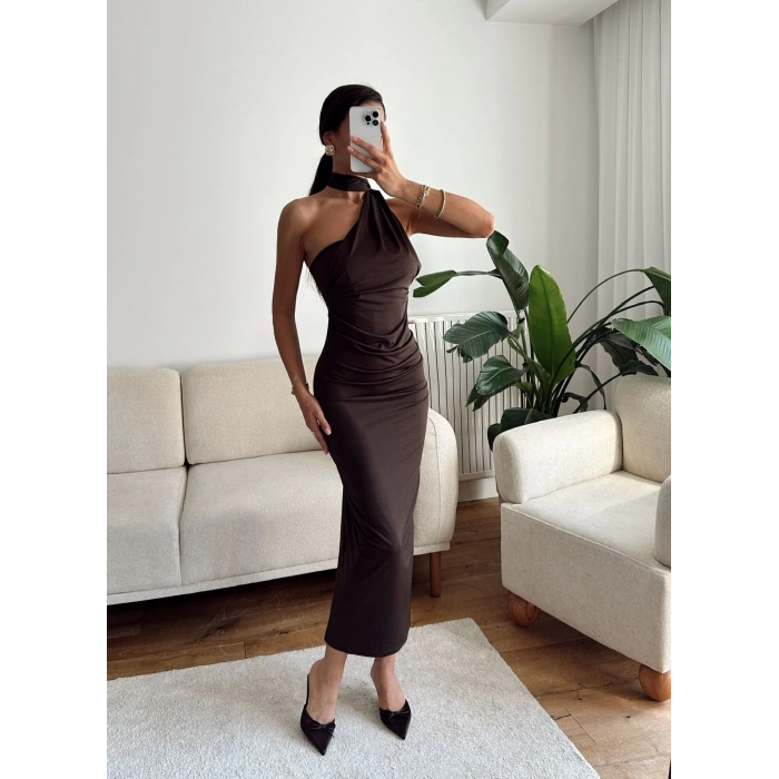 Boyun Bağlamalı Drapeli Elbise - KAHVE