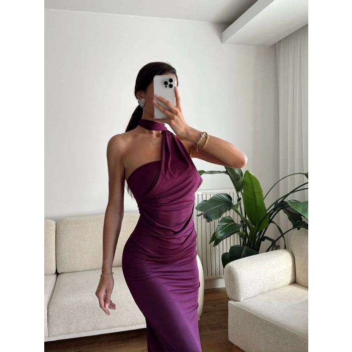 Boyun Bağlamalı Drapeli Elbise - MOR