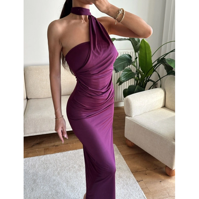 Boyun Bağlamalı Drapeli Elbise - MOR