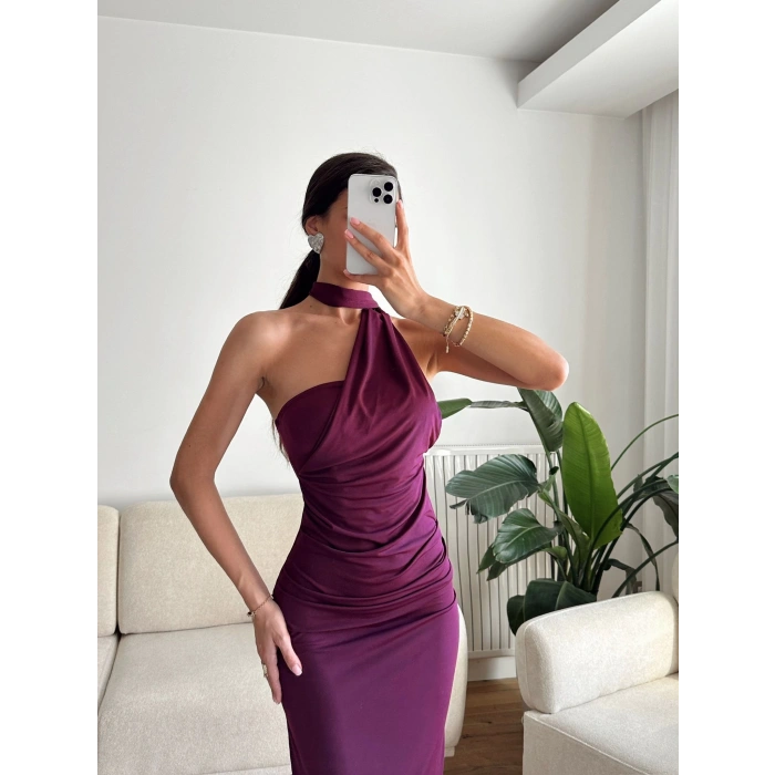 Boyun Bağlamalı Drapeli Elbise - MOR