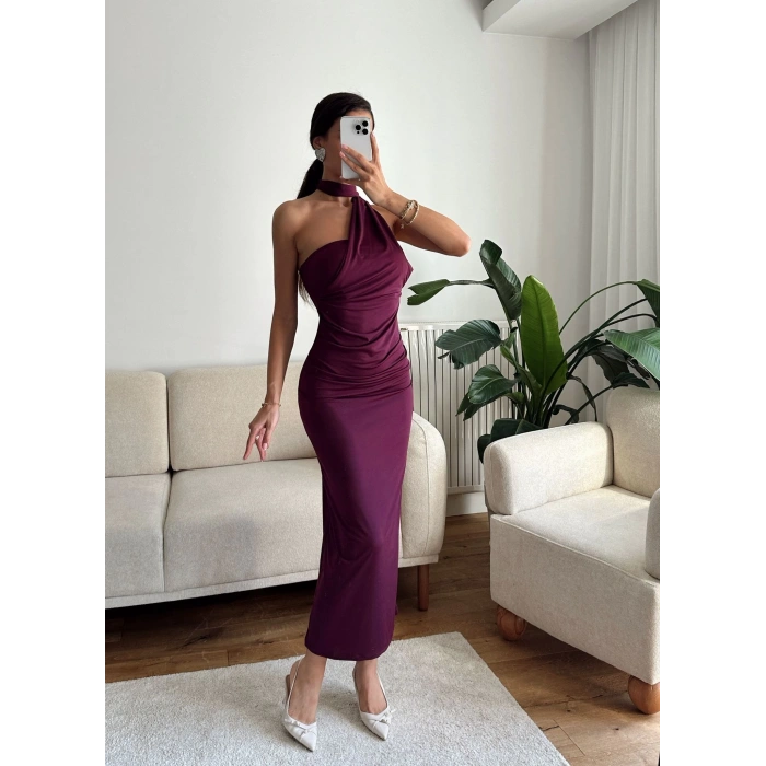 Boyun Bağlamalı Drapeli Elbise - MOR