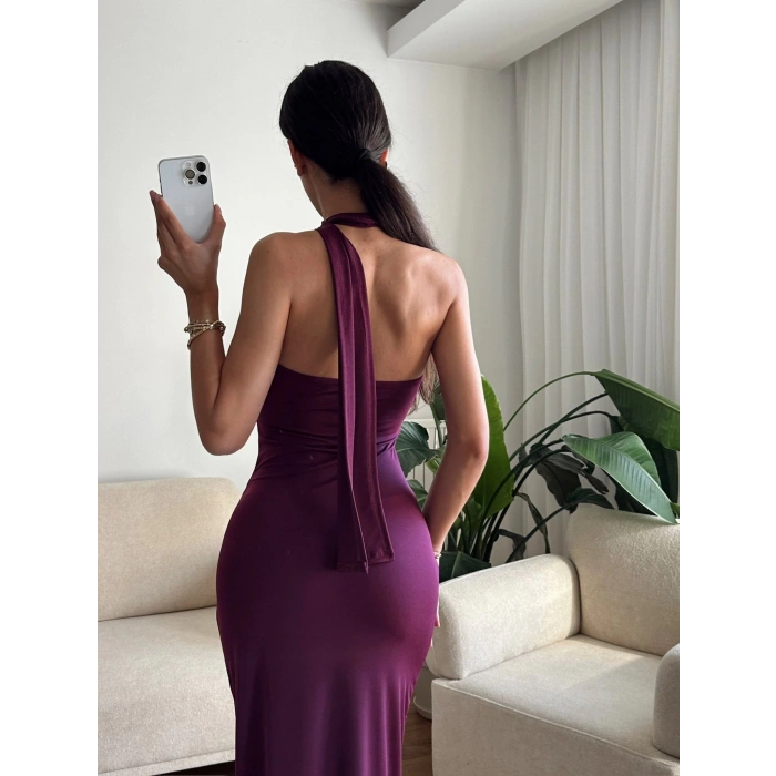 Boyun Bağlamalı Drapeli Elbise - MOR