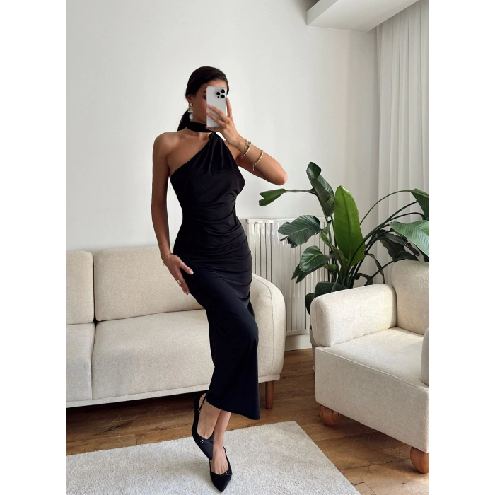 Boyun Bağlamalı Drapeli Elbise - SİYAH